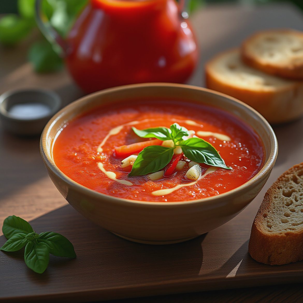 Bowl of tomato soup garnished with basil leaves and drizzled cream, served with slices of bread.