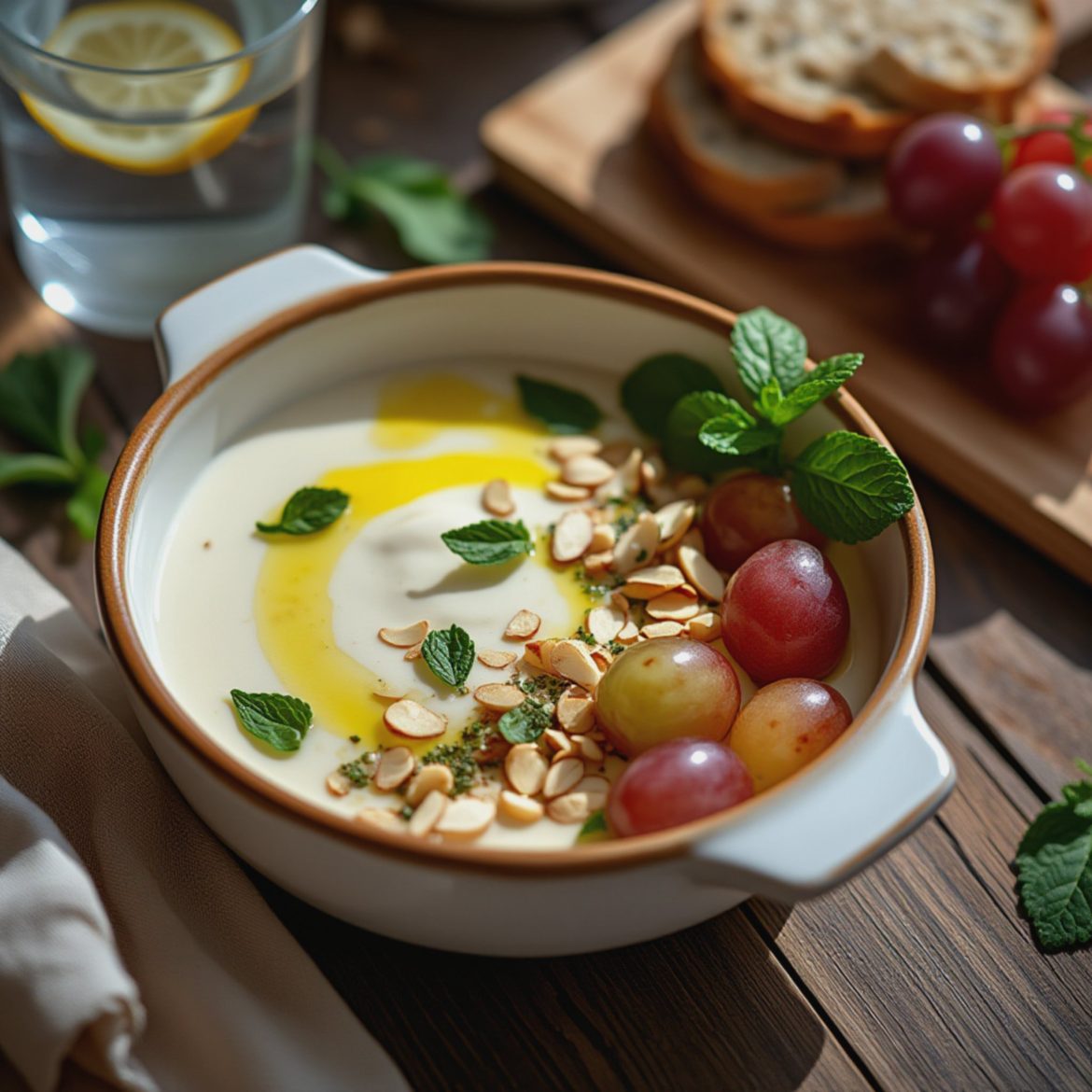 Bowl of yogurt topped with grapes, almonds, and mint leaves on a wooden table.