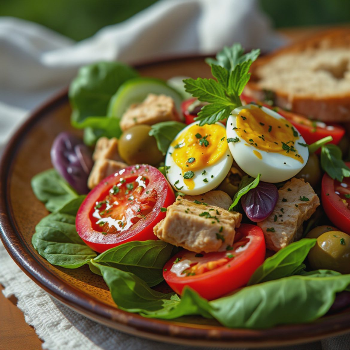 A mixed salad featuring sliced tomatoes, boiled eggs, olives, and greens on a plate.