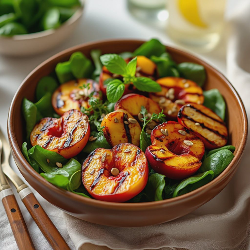 Bowl of grilled peaches served on a bed of fresh spinach with herbs and seeds.