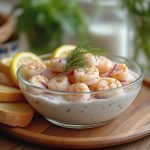 Bowl of shrimp salad with lemon slices and dill on a wooden platter with bread slices.