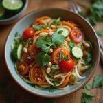 Bowl of vegetable noodle salad featuring cherry tomatoes, cucumber, and herbs.