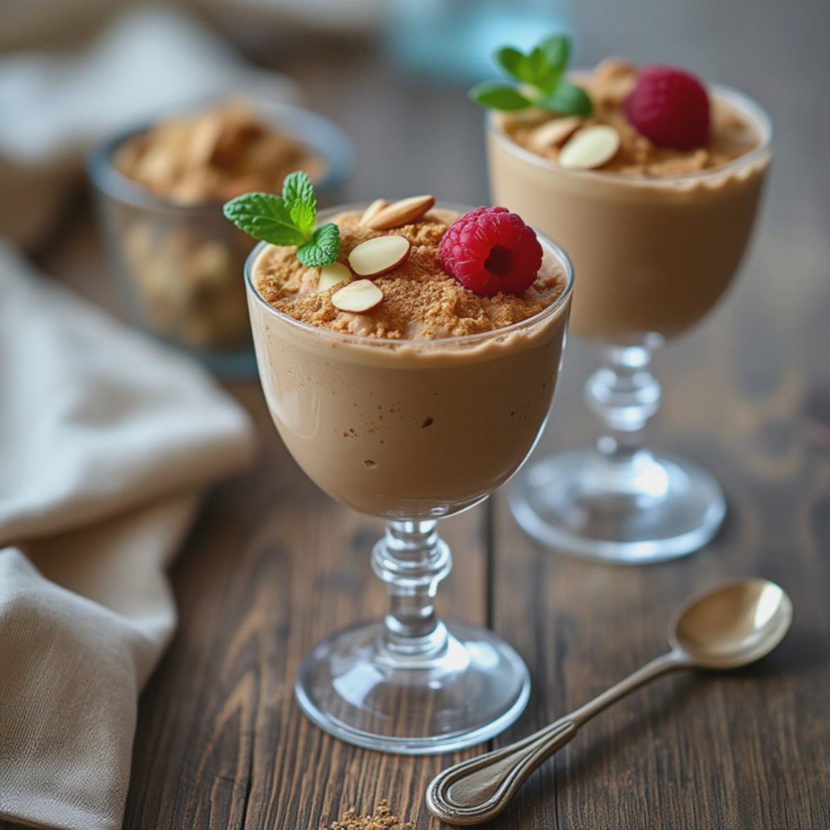 Two dessert cups filled with cream, topped with raspberries, almonds, and mint leaves.