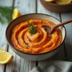 Bowl of smooth mashed sweet potatoes garnished with herbs and a wooden spoon.
