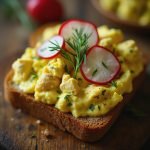 Plate of scrambled eggs on brown toast garnished with radish slices and fresh herbs.