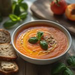 Bowl of tomato soup garnished with basil leaves and pine nuts, served with slices of bread.