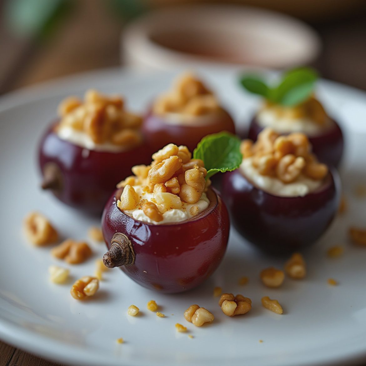 Five red grapes filled with cream and topped with chopped nuts on a white plate.