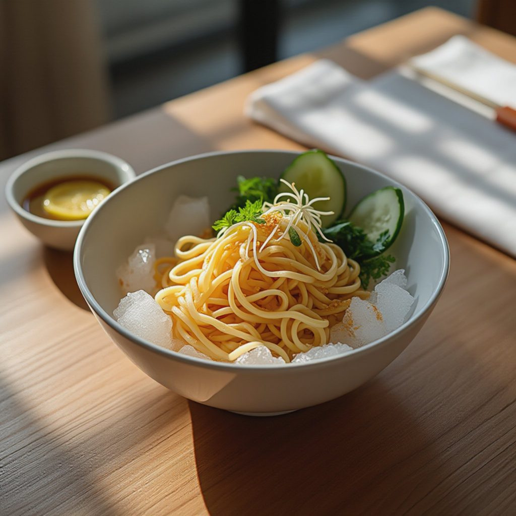 Bowl of cold noodles served on ice with cucumber slices and herbs on a wooden table.