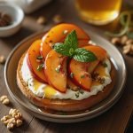 Plate of toast topped with sliced peaches, yogurt, nuts, and mint leaves.