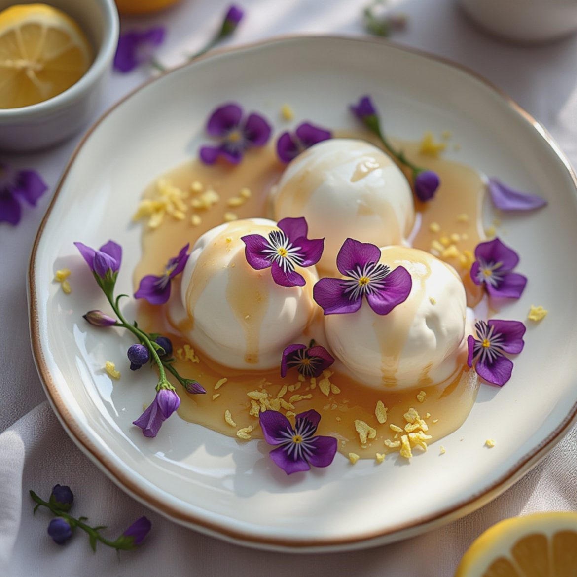 Three scoops of ice cream drizzled with honey and garnished with edible flowers on a plate.