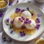 Three scoops of ice cream drizzled with honey and garnished with edible flowers on a plate.
