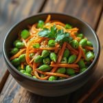 Bowl filled with edamame, carrot noodles, and green onions garnished with sesame seeds and cilantro.