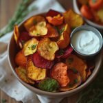 Bowl of colorful vegetable chips including sweet potato, beet, and kale with a small bowl of dip.