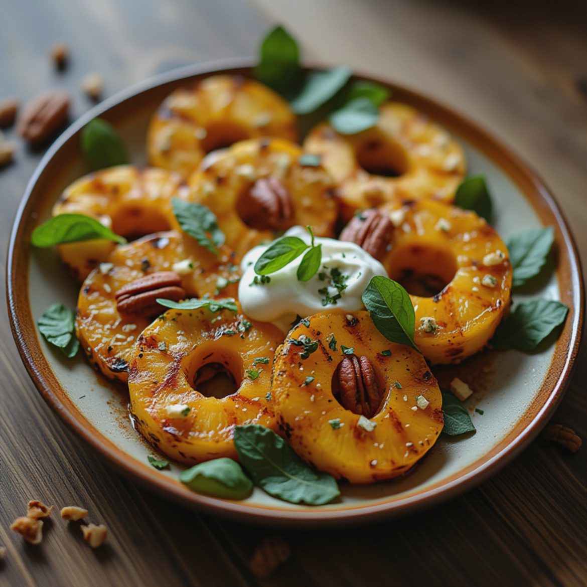 Grilled pineapple slices arranged on a plate with pecans and fresh herbs.