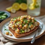 Slice of toasted bread topped with chickpea salad, herbs, and vegetables on a plate.