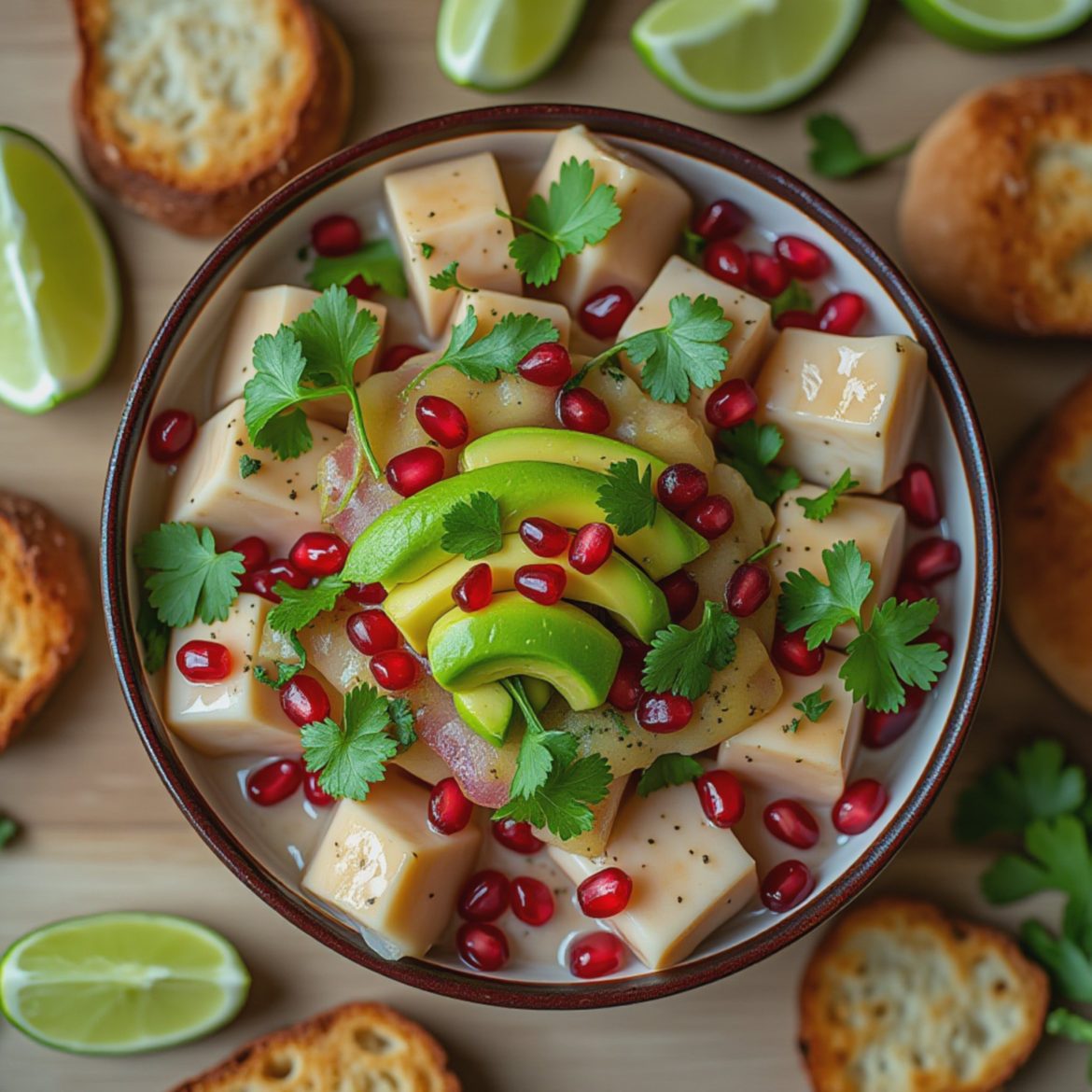 Bowl of fruit and jelly salad topped with pomegranate seeds, green apple slices, and fresh herbs.