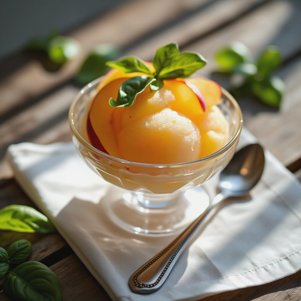 A glass bowl filled with peach sorbet and garnished with fresh basil leaves.