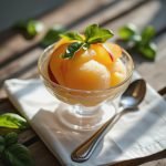 A glass bowl filled with peach sorbet and garnished with fresh basil leaves.