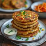A stack of corn and vegetable pancakes served on a plate with a small bowl of sauce and a side of carrot salad.