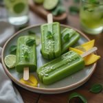 Three green fruit popsicles with mint leaves and lime slices on a plate.