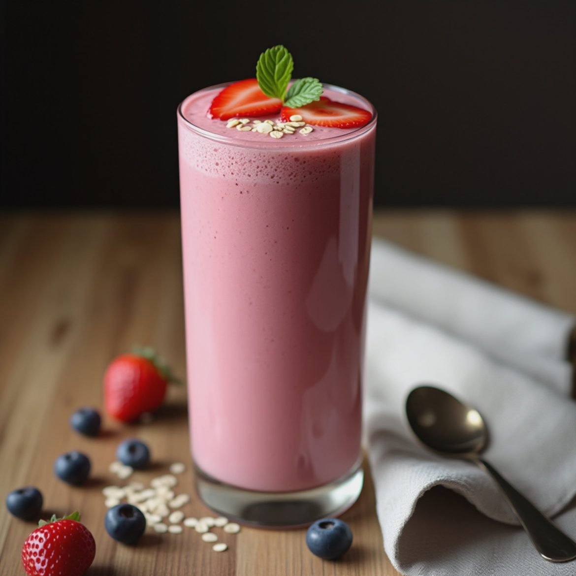 Tall glass of pink smoothie topped with strawberries and mint leaves, surrounded by berries and oats.