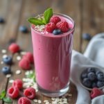 A glass of berry smoothie topped with raspberries, blueberries, and mint leaves, surrounded by fresh berries and oats.