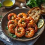A plate of cooked shrimp garnished with herbs, accompanied by a slice of bread and a lemon wedge.