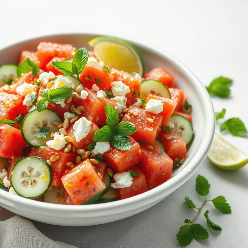 Frisk melonsalat med agurk, mynte og limevinaigrette