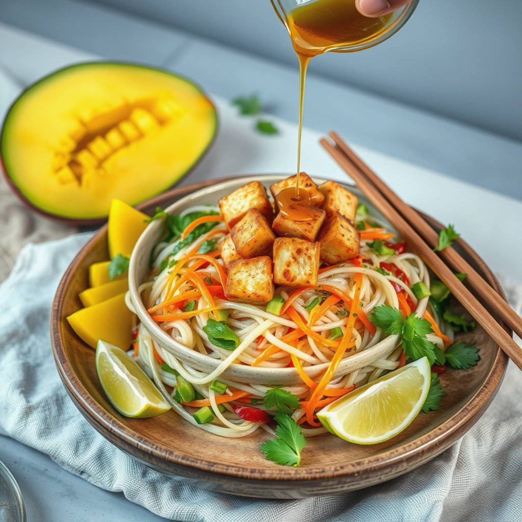 Kald nudelsalat med mango og soyamarinert tofu – frisk, mettende og full av farge