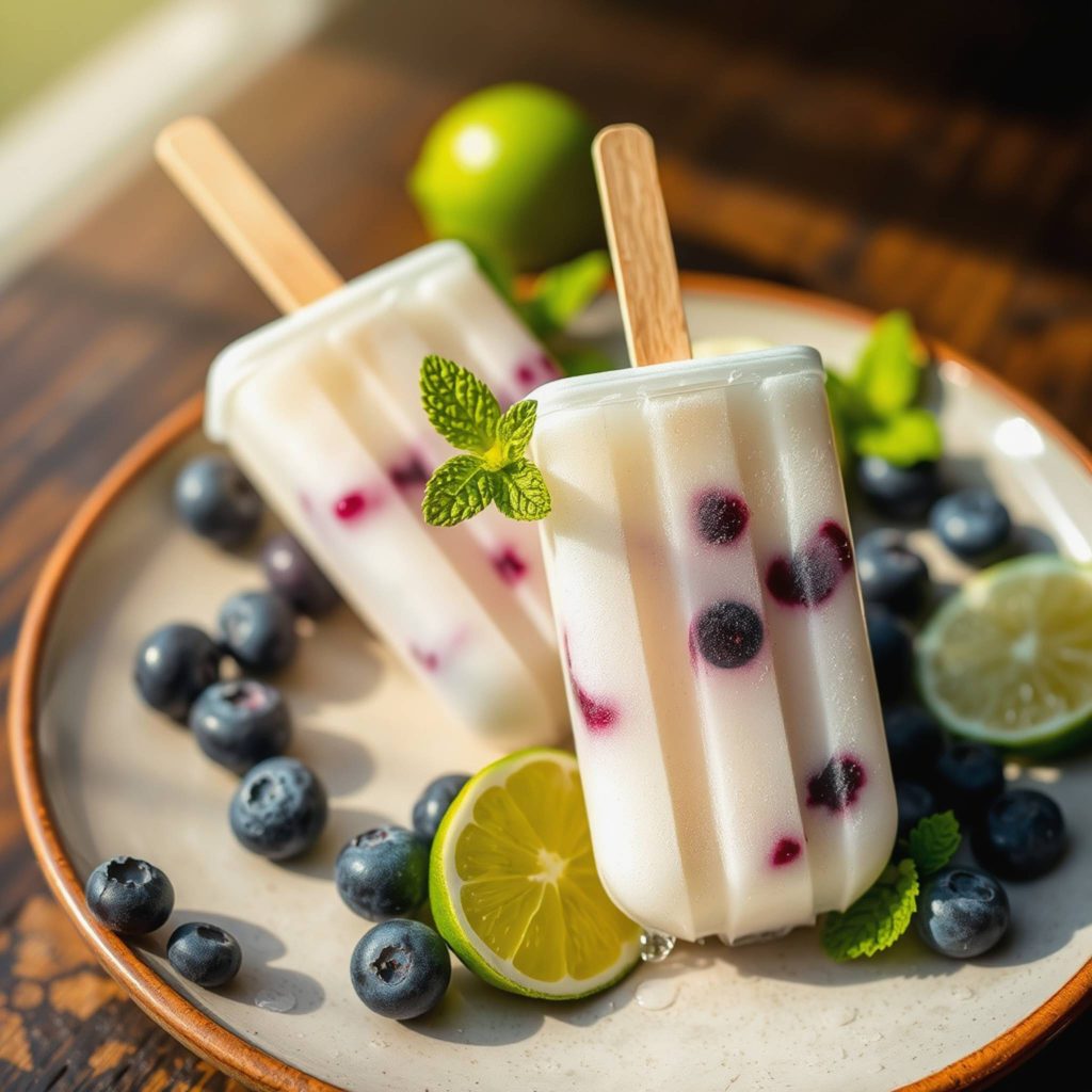 Frisk kokosvann-is med blåbær og lime – naturlig og lett sommersnacks