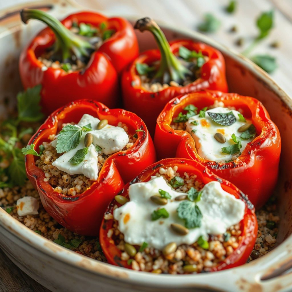 Saftige grillede paprika med krydret quinoa og kremet feta