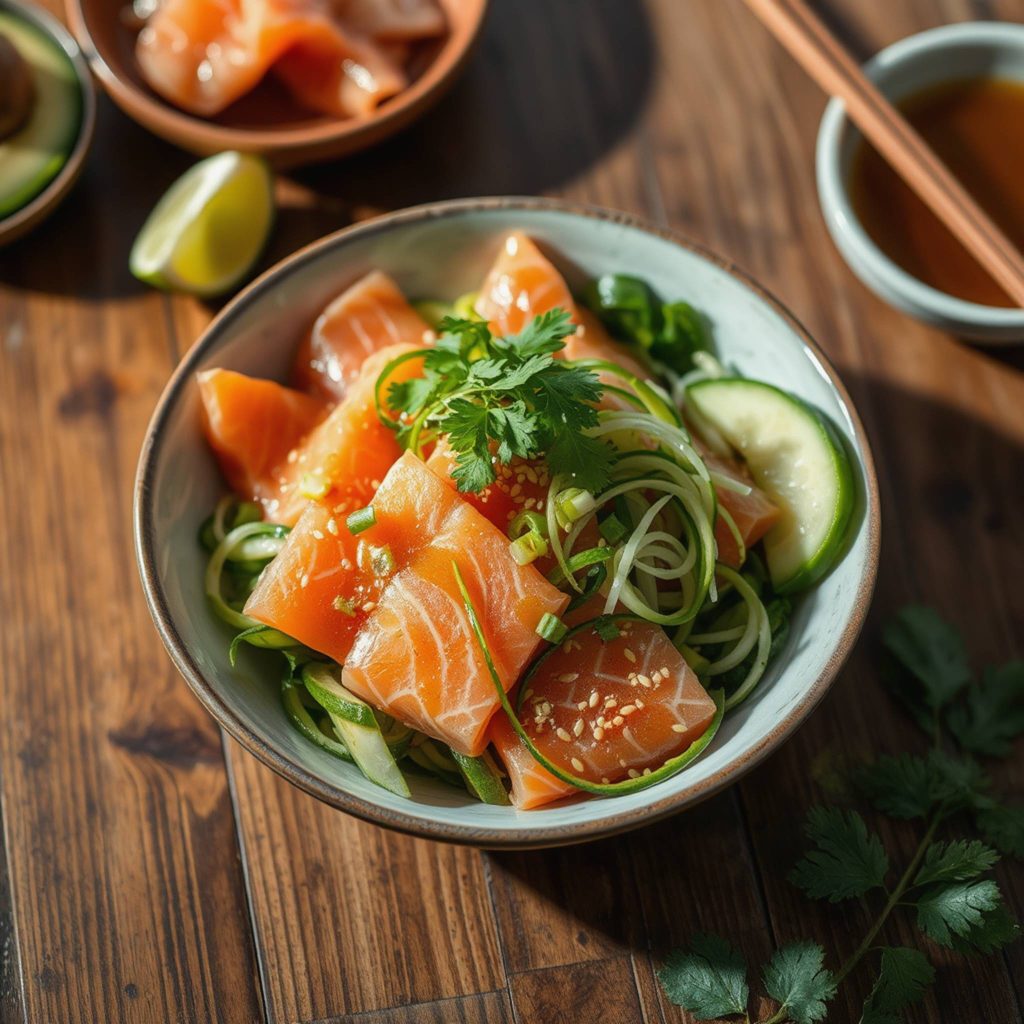 Frisk sashimisalat med rå laks, kremet avokado og syrlig dressing