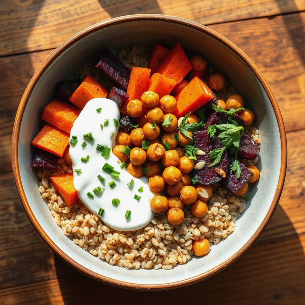 Fargerik byggrynbowl med ovnsbakte grønnsaker og sitronyoghurt