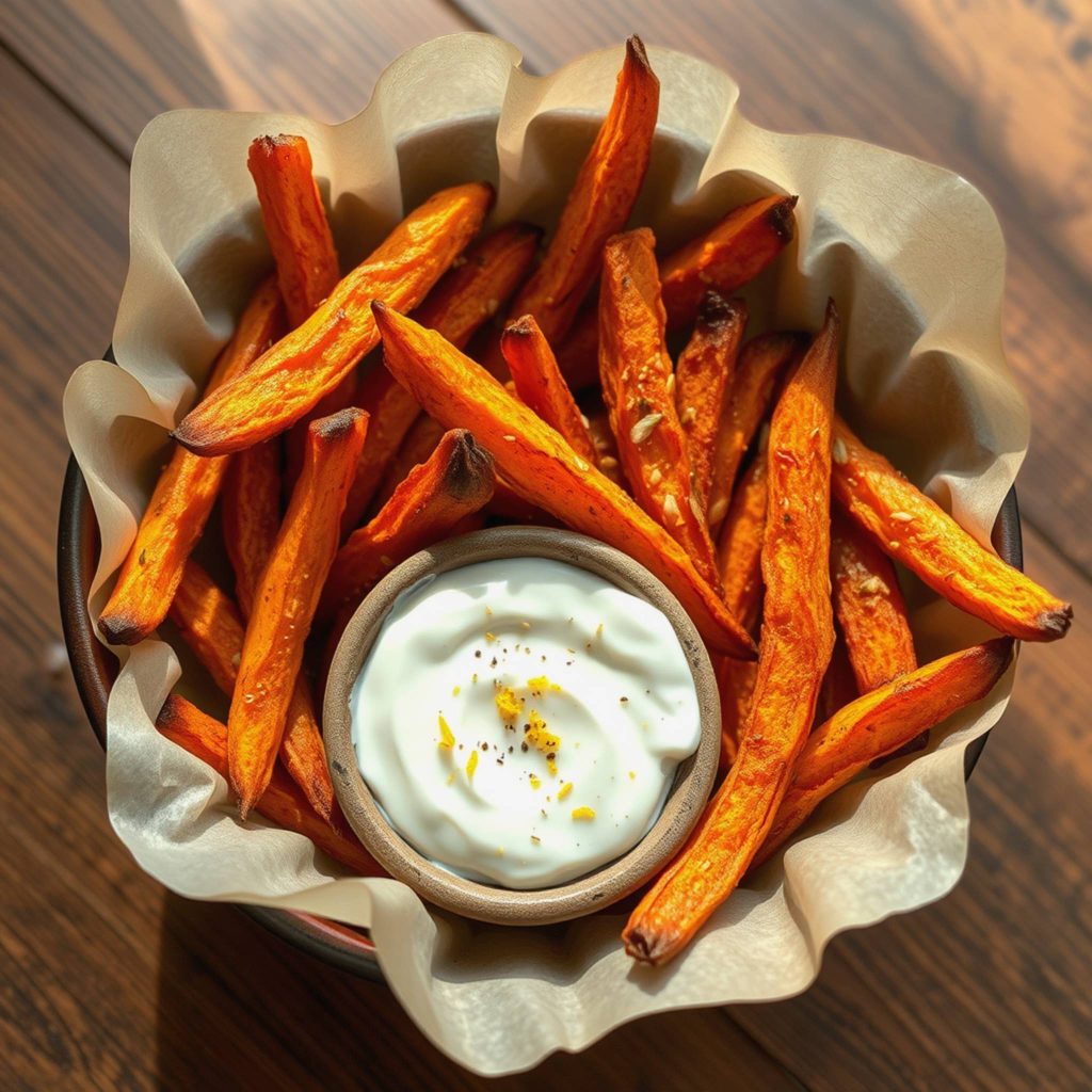 Sprø søtpotetfries med krydder og kremet hvitløksyoghurt