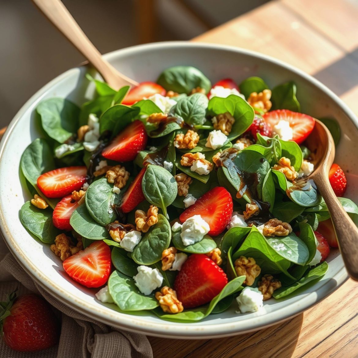 Frisk spinat- og jordbærsalat med ristet valnøtt og syrlig balsamico